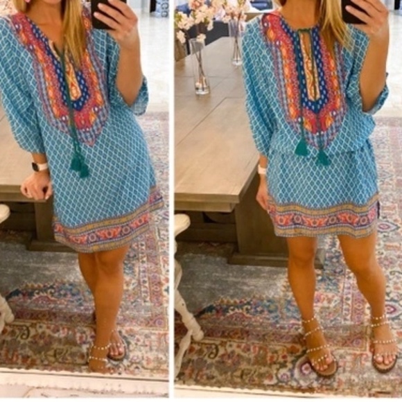 Urban Coco Boho Printed Tassel Trim V- Neck Tunic Dress | Beach Cover-up Size M - Picture 1 of 16
